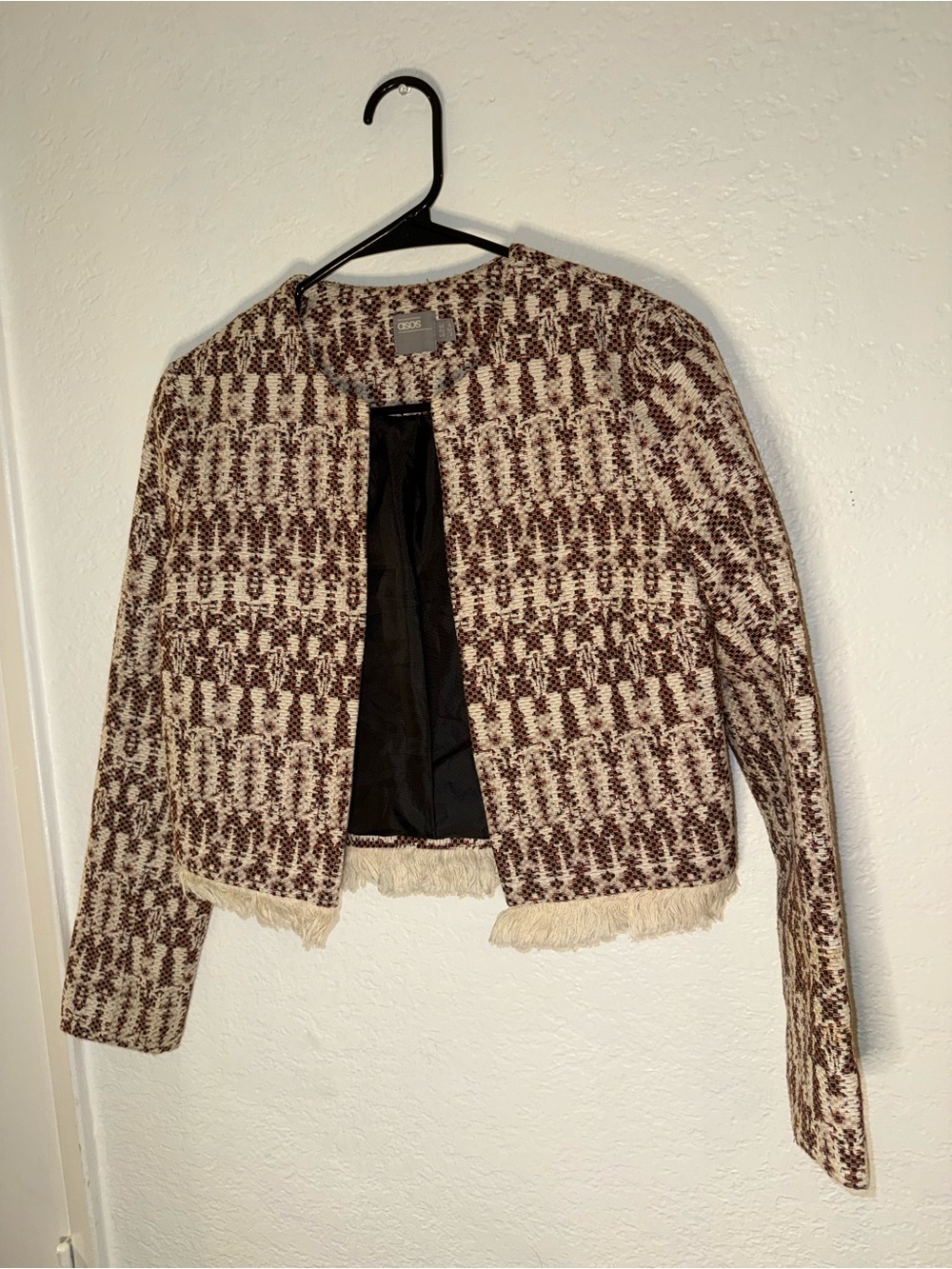 ASOS Cream & Brown Bouclé Cropped Fringe Jacket